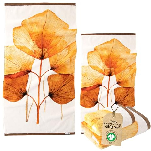 ZWOLTEX - Handtücher Premium Art Design - Gold Leaf, Bedrucktes Handtuch Set: 50x100 und 70x140 cm, Badehandtuch aus 100% Organic Baumwolle 650g mit GOTS-Zertifikat, Weich und Saugfähig Towel