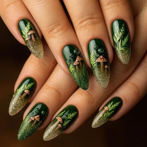 Almond Press On Nails, Medium Glossy Green And Brown 3D Forest Design Set | Mushroom And Fern Motifs, Droplet Details, Gold-Toned Glitter Accents, For Home Manicures, Parties And Seasonal Occasions