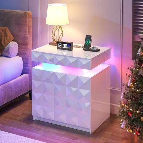 FREDEES LED Nachttisch mit Ladestation, 3 Schubladen und Abschließbarem | Verstecktem Stauraum, Intelligenter Human-Sensor RGB-Beleuchtung
