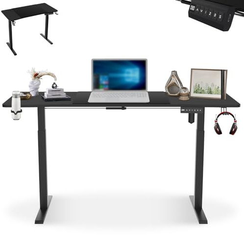LZQ Höhenverstellbarer Schreibtisch elektrisch 160x60cm, Steh-Sitz Tisch mit Memory-Funktion & Type-C Ladeanschluss, Standing Desk, Verstellbarer Computertisch mit Kabelmanagement, Schwarz