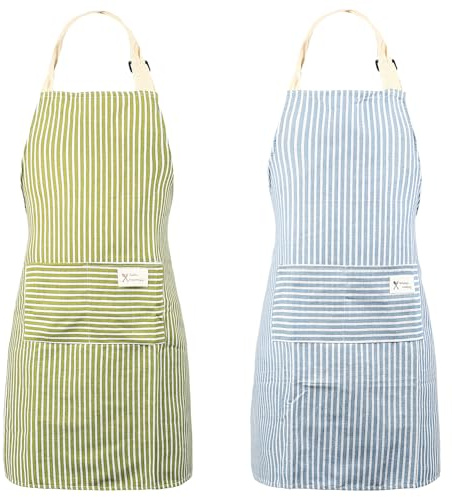 2 Pcs Delantal Cocina Hombre Mujer, Mandiles de Cocinas, Delantales de Chef de Cocina Unisex Ajustables con 2 bolsillos, para cocinas, repostería, restaurante, limpieza del hogar(verde, azul)