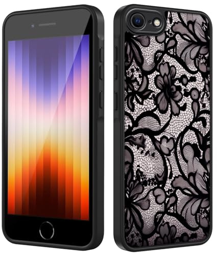 Tawarror Handyhülle für iPhone 7/8/SE 2020/2022 Hülle, Matt Transluzente Aesthetic Lace Blumen Muster Schutzhülle PC Rückseite Kratzfest TPU Fallschutz Stoßfest Anti-Fingerabdruck Case, Schwarz