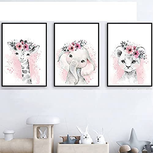 Set de 3 Affiches Bebe Garcon Animaux Girafe Elephant Lion Poster Nordique Toile Aquarelle Tableau Chambre Rose et Gris Decoration Murale Cadeaux Anniversaire NPTWC008-XL