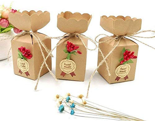 JZK 50 Kraftpapier Gasgeschenk Boxen + Jute String + Blumen + Aufkleber, Süßigkeiten Schachtel für Hochzeit Geburtstag Weihnachten Babyparty Kinder Party Garen Party