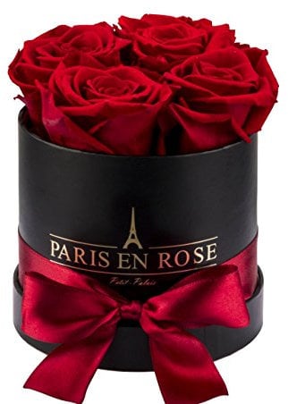 PARIS EN ROSE Rosenbox | mit 4 roten Infinity Rosen Größe XL | konservierte ewige Rose | runde Schwarze Box mit Schleife | 3 Jahre haltbar