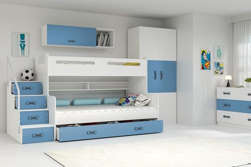Interbeds Etagenbett Hochbett MAX 3 (für DREI Kinder) 80x200cm und 120x200cm Kinderbett mit Latten und Matratzen (blau)