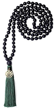 COAI Unisex Handgeknüpft 108 Mala Yoga Kette Buddhistische Halskette Gebetskette aus Mattem Onyx mit Quaste und Namaste Charm