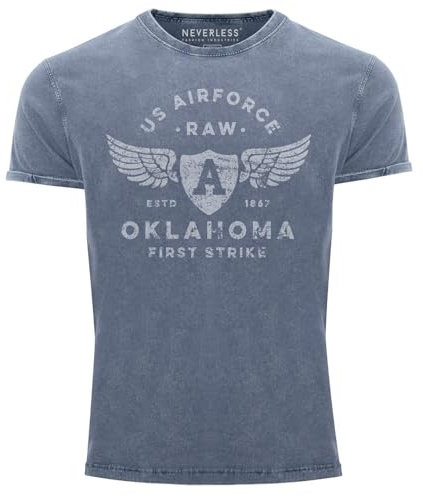Neverless® Herren Vintage Shirt Print US Airforce Oklahoma Aviator Used Look Slim Fit