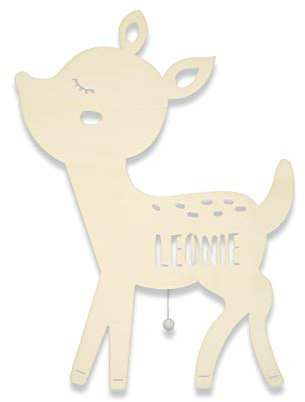 hellomini Personalisierbares LED-Nachtlicht mit Name für Kinder & Babys | Holz-Wandlampe | Schlummerlicht mit Motivwahl – Geschenk zur Geburt & Taufe (Rita das Rehkitz)