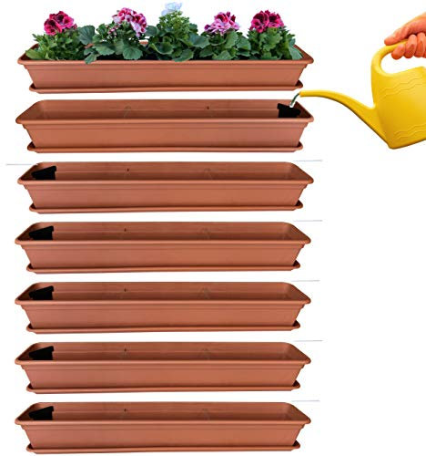 Hossi's Wholesale 6er Blumenkasten Set Balkonkasten Pflanzkasten Terracotta mit Bewässerungssystem und Balkonkasten Untersetzer 100cm
