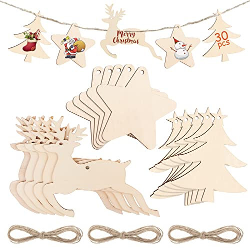 30 Stück Holz Weihnachtsbaum Deko zum Aufhängen, Weihnachten Holzanhänger zum DIY Basteln Bemalen für Weihnachtsschmuck Geschenkanhänger (Weihnachtsbaum, Stern, Hirsch)