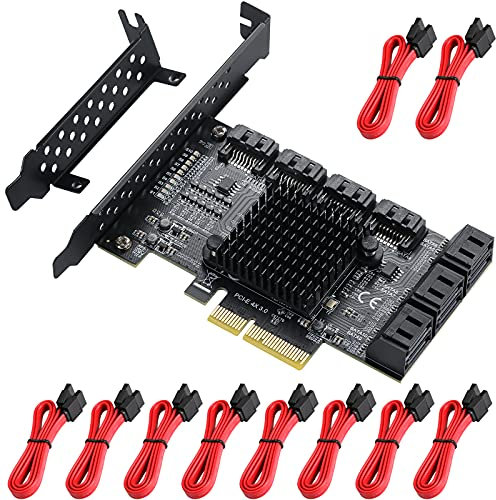MZHOU PCIE 4X SATA Karte 10 Ports, SATA3.0 HDD 6G Erweiterungskarte,PCI-E 3.0 Controller Karte,Booten als Systemfestplatte mit 10 SATA Kabel und Low Profile Halterung-ASM1166+JMB75 Chips.