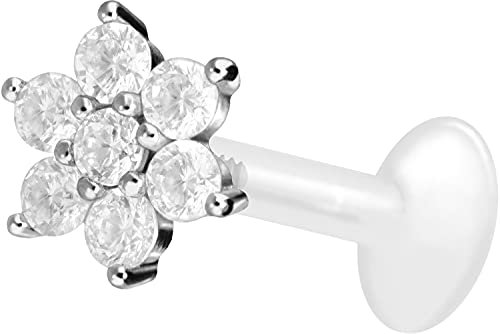PIERCINGLINE PTFE Labret mit Gewinde TITAN AUFSATZ KRISTALLBLUME Piercing Lippe Nase Ohr Helix Silberfarben 1,2 x 6 mm