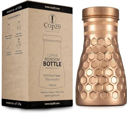 Cop29 Handmade Dolny Mat Honeycomb Copper Bedroom Water Bottle I Pitchers with Lid I Bedside Water Carafe (Indoor Use with Loose Lid) –1000ml/34oz