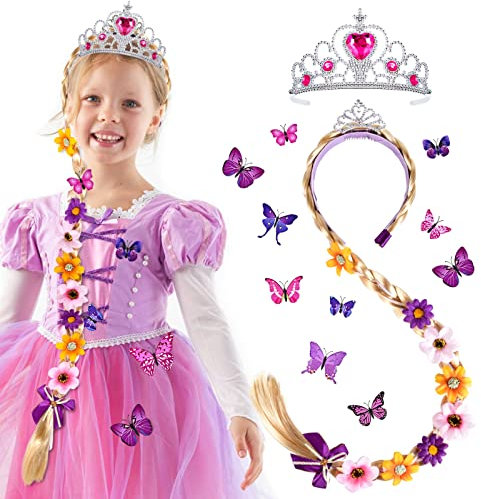 vamei Prinzessin Perücke Kinder Haarreif Prinzessin Zopf Stirnband mit Kaiserkrone Schmetterling Pin Badge Prinzessinnen Cosplay Perücke Zubehör für Kinder Mädchen Halloween Karneval Maskerade
