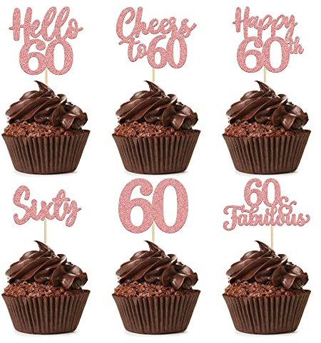 36pcs Rose Gold 60th Birthday Cupcake Toppers - Cheers to 60 Cake Toppers, Happy 60th Number 60 Cupcake Picks for Wedding Anniversary Party Cake Decorations
