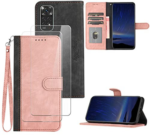 Hoyoikun Funda Compatible con Redmi Note 11/11S 4G,Regalar 2 Piezas Protector de Pantalla.Flip Leather Edition,Funda de Cuero PU con Cáscara de TPU,[Soporte Plegable] [Cierre magnético]-Rosa