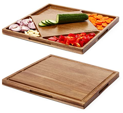 Modern Square Acacia Cutting Board with Containers, Premium Cheese Board & Serving Platter, Reversible Wooden Cutting Board for Kitchen, 14 x 14 Chopping Board, Mawazo Original British Design