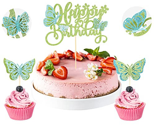 Gyufise 13Pcs Assembled 3D Butterfly Cupcake Toppers Hollow Arts Butterfly Cake Decorations Happy Birthday Cake Topper for Baby Shower Wedding Fairy Happy Birthday Party Cake Decorations Blue Green