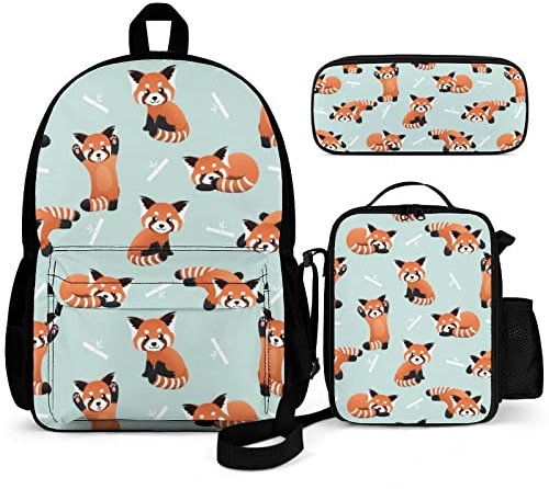 FJAUOQ Kinderrucksäcke Cute Red Panda And Bamboo Kids Backpack Set 3 Piece Back To School 16 Inch Book Bag With Lunch Bag Pencil Case For Boys Girls 1-6th Grade