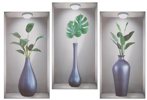 milaosk 3 Stück Wandtattoo 3D Wandsticker Vase Wandaufkleber Pflanzen Wandabziehbilder Wandtattoo Wandbilder für Wohnzimmer Schlafzimmer Küche Wanddeko 40x20cm