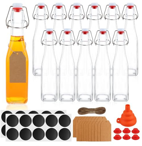 UrSpeedtekLive 12 Pack 12oz Swing Top Glass Bottles, 375ML Square Bottles with Airtight Stoppers for Kombucha, Kefir, Vanilla Extract, Beer(Bonus Gaskets, Labels and Funnel)