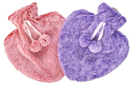 K Collection Pack of 2 Large Heart Shaped Hot Water Bottle - Natural Rubber with Faux Fur Covers - 2 x 1 Litre Ribbed Hot Water Bottles with Plush Covers (Red/Purple)