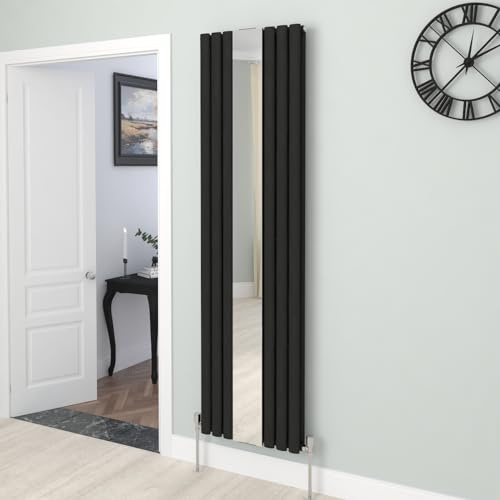 Warmehaus Vertical Oval Column Designer Mirror Radiator Double Black 1800 x 500mm Central Heating for Bathroom Kitchen Hallway Living Room