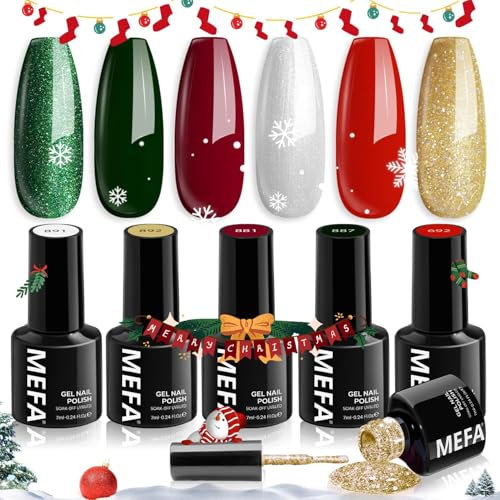 MEFA Christmas Gel Nail Polish Set, 6 Colors Red Green Glitter Gel Polish Set Soak Off UV Gel Winter Silver Gold Sparkle Gel Nail Polish Nail Art Salon DIY Home