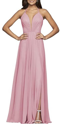 Robe de demoiselle d'honneur pour femme - Col en V bas - Dos fendu - Dentelle dans le dos - Robe, rose bonbon, 36