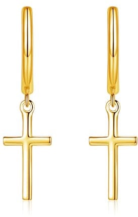 Zolkamery 925 Sterling Silver Drop Hoop Earrings, Gold Cross Dangle Huggies for Women, Clip On Sleeper Hoops With Gift Box