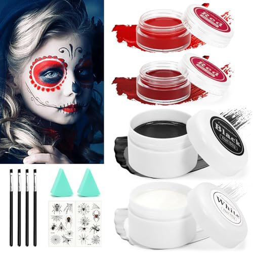 Maquillage Halloween pour Visage, Halloween Maquillage pour Adulte Enfant, Peinture Visage Corporelle Noir Blanc Rouge Makeup, Kit Maquillage Halloween pour Joker Clown Zombie Carnaval