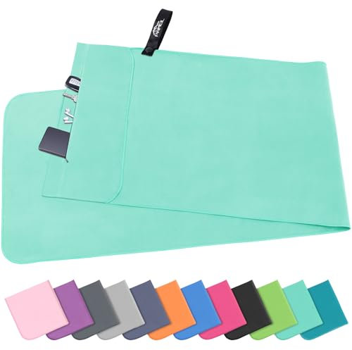 Pameil Asciugamano fitness con tasca con chiusura lampo, 120 x 50 cm, asciugamano in microfibra, compatto e ad asciugatura rapida, asciugamano sportivo da palestra (verde erba)