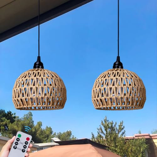 Battery Operated Hanging Pendant light, Battery Outdoor Chandelier, Gazebo Lights with Warm White Bulb, 4*aa Battery Powered Outdoor Chandelier for Gazebo Pergola Porch Patio Indoor Decor (2)