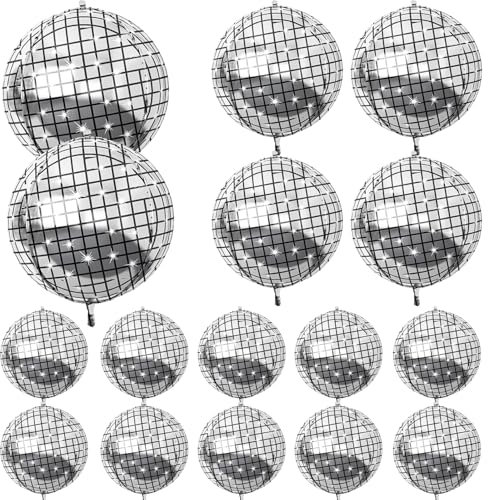 HILAVO Discokugel Deko, 16 Stück 32 Zoll 22 Zoll 10 Zoll Groß 4D Silber Discokugel Ballons Discokugel Folienballons Helium Foil Luftballon für Geburtstag Party DekorationRetro Disco party