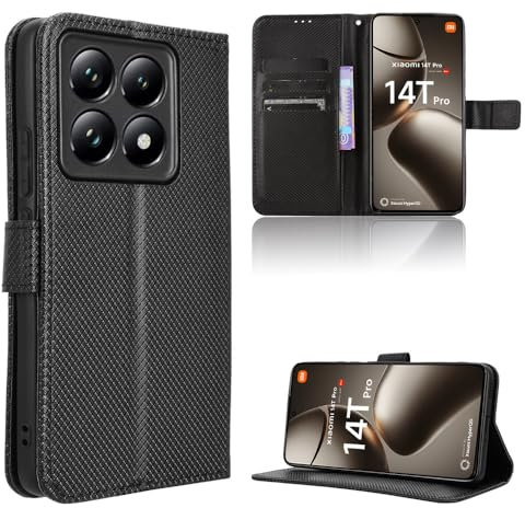 Rojeuinn Cover per Xiaomi 14T Pro 5G custodie,Premium Portafoglio Magnetica Flip Case,Custodia con fibra di carbonio-Nero