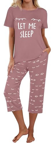 Ekouaer Pyjama Femme Court T-Shirt Manche Courte et Pantalon Capri Ensemble de Pyjama Femme, Rose, XL