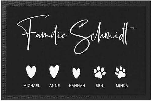 Fußmatte personalisiert Familie mit Namen Einzugsgeschenk Wohnung Einweihungsgeschenk Geschenk zum Einzug ins Haus Fußabtreter Haustür Schmutzfangmatte für Innen 60x40 cm (Schwarz-Weiß)