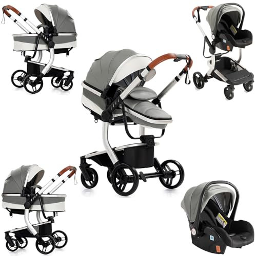 Sianldcone PU-Leder Kinderwagen 3 in 1, Hochwertige Stoffe Kinderwagen Set, Zwei-Wege-Schiebefunktion Reisesysteme, Offene Sicht Kombikinderwagen 3 in 1 Komplettset (518 Grey)