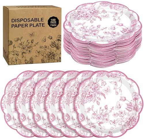 Kochorie 100 Pieces Pink Flower Paper Plates 7 Inches Disposable Floral Paper Plates Scalloped Pink Chinoiserie Vintage Flower Dessert Plates for Wedding Birthday Holiday Party Decor Supplies