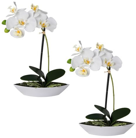 2er Set Phalaenopsis Orchideen in ovaler Schale 30 cm, weiß - Künstliche Blumen Deko