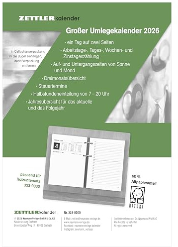 Zettler Umlegkalender 1T/2S 2026 – Tageskalender 10,5 x 14,2 cm mit 360 Seiten, Stundeneinteilung & Jahresübersicht, deutscher Arbeitstischkalender mit 2-fach Lochung