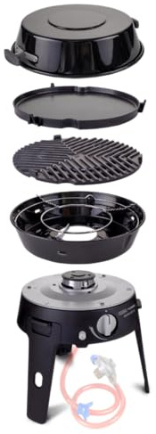 Barbacoa de gas portátil CADAC Safari Chef 30 LP Deluxe | Parrilla de lujo con revestimiento CeramiCoat, plancha, tapa y bolsa de transporte para camping, Uso en exteriores