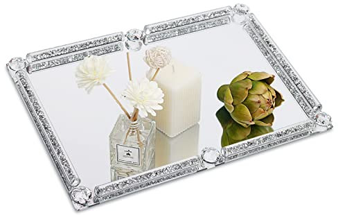 Goldmeet Silver Decorative Tray, 30 * 20 * 3 cm Mirror Tray Rectangle Bathroom Tray, Bathroom Organiser Cosmetic Organiser, Bathroom Decoration, Perfume Organiser Tray for Candle Food Jewellery Key