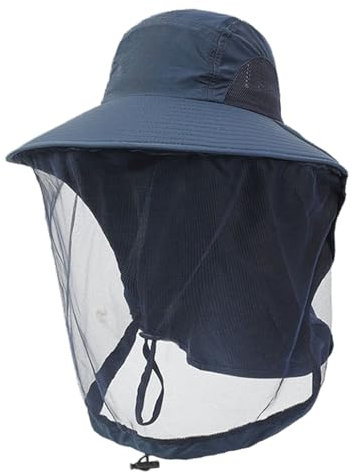 Chapeau de soleil UPF50+ avec moustiquaire, protection de la nuque, en maille, étanche, avec large bord, pour la pêche, le jardinage, le camping, l'apiculture, bleu marine, Taille unique
