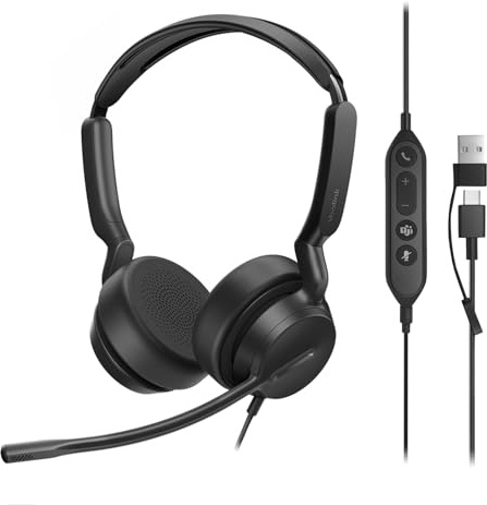 Yealink Casque stéréo Filaire UH42 avec Microphone antibruit et Adaptateur USB-C/A pour PC, Ordinateur Portable, Bureau, Centre d'appels, Teams, certifié