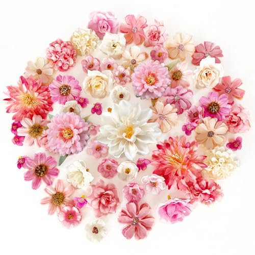 ROLLWAY 60 Stück Kunstblumen zum Basteln Rosa Weiß, 18 Typen Klein Künstliche Blumen zum Basteln Blumenköpfe 2~8cm, Mini Kunstblumen Deko Blütenköpfe Fake Blumendeko für DIY Basteln Hochzeit