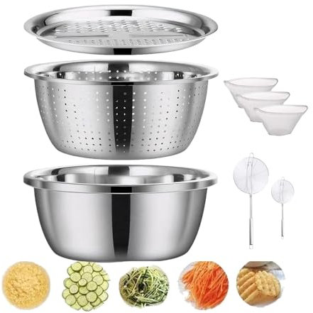 Cubo tocino multifuncional acero inoxidable, rebanador, rallador y colador de verduras 3 en 1, plato rallador ahorrador de grasa con colador, paños queso, espumadera araña(11.02ich)