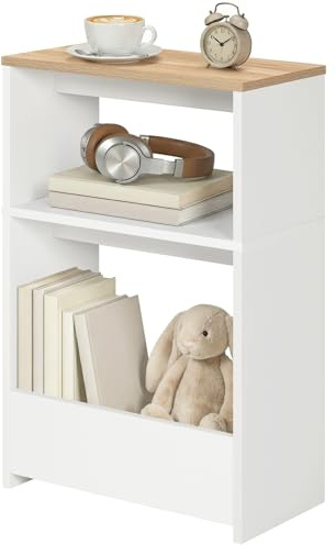 MAHANCRIS 3-stufiger Beistelltisch, Schmaler Nachttisch mit Stauraum, Sofatisch, Couchtisch für Wohnzimmer, Schlafzimmer, Arbeitszimmer, Küche, Balkon, Weiß und Natur AETBN7501