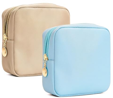 2PCS Small Makeup Bag, Travel Toiletry Bag, Blue, Khaki